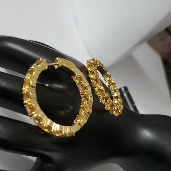 Sterling Silver 925 Citrine Paved Inside Out Gold Hoop Earrings - Picture 4 of 5